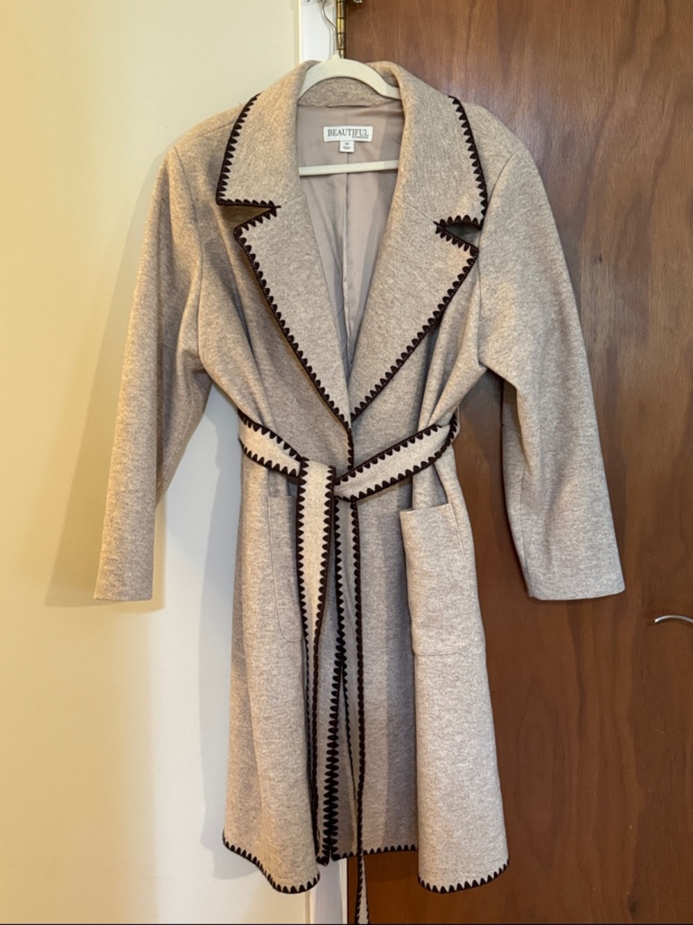 Beautiful by Lawrence Zarian Taupe Belted Coat with Dark Brown Trim